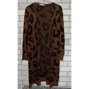 Women's Animal Print Long Duster Cardigan Size Small Leopard Pockets Comfy